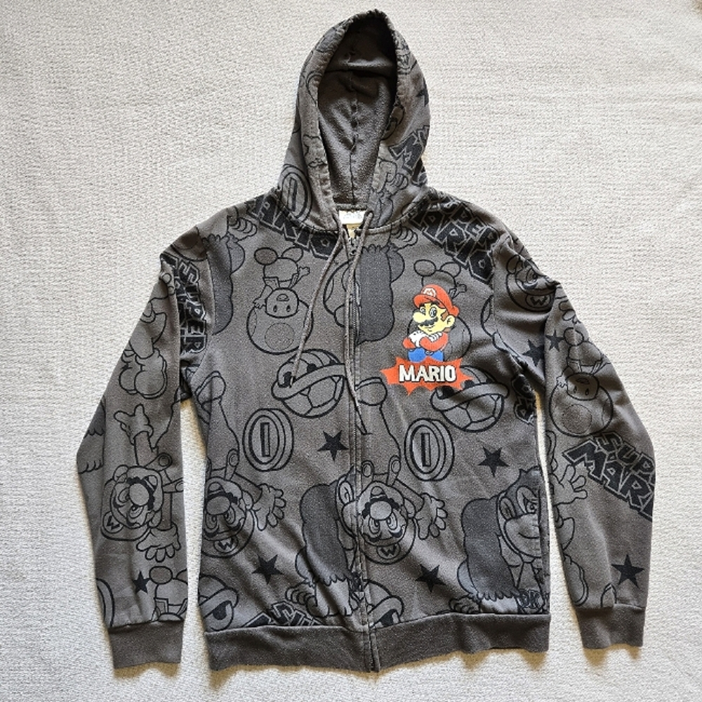 2011 Gray Mario Allover Graphic Zip-up Hoodie Size Medium